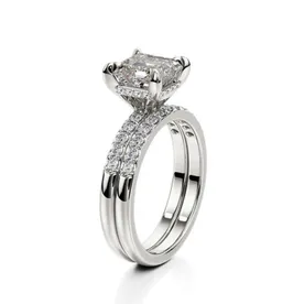 10K 2.25tgw Cushion Cut Center Stone Moissanite & Diamond Hidden Halo Bridal Set